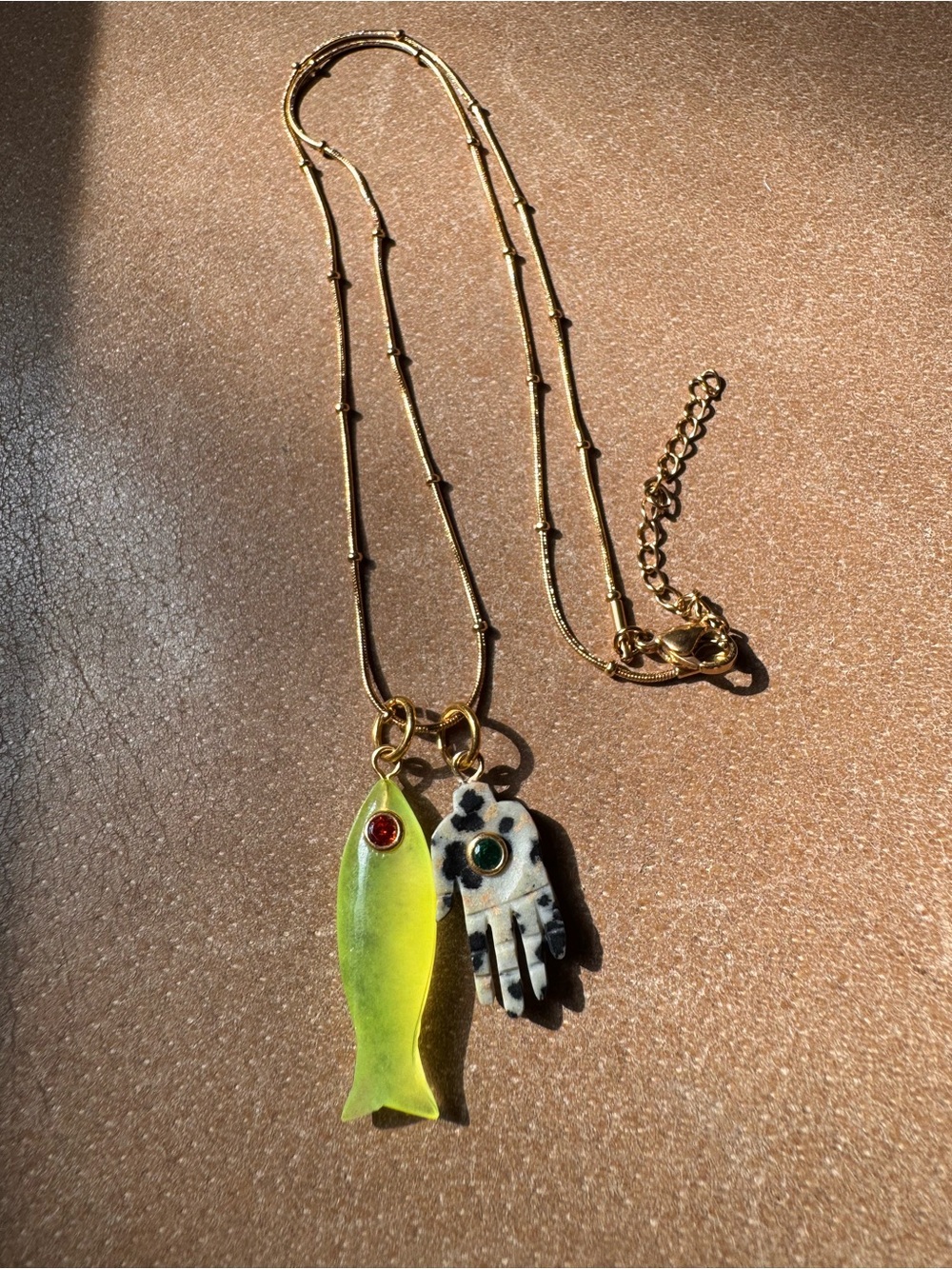 Semiprecious stone Fish hand Pendant Necklace satellite ball chain CZ gem